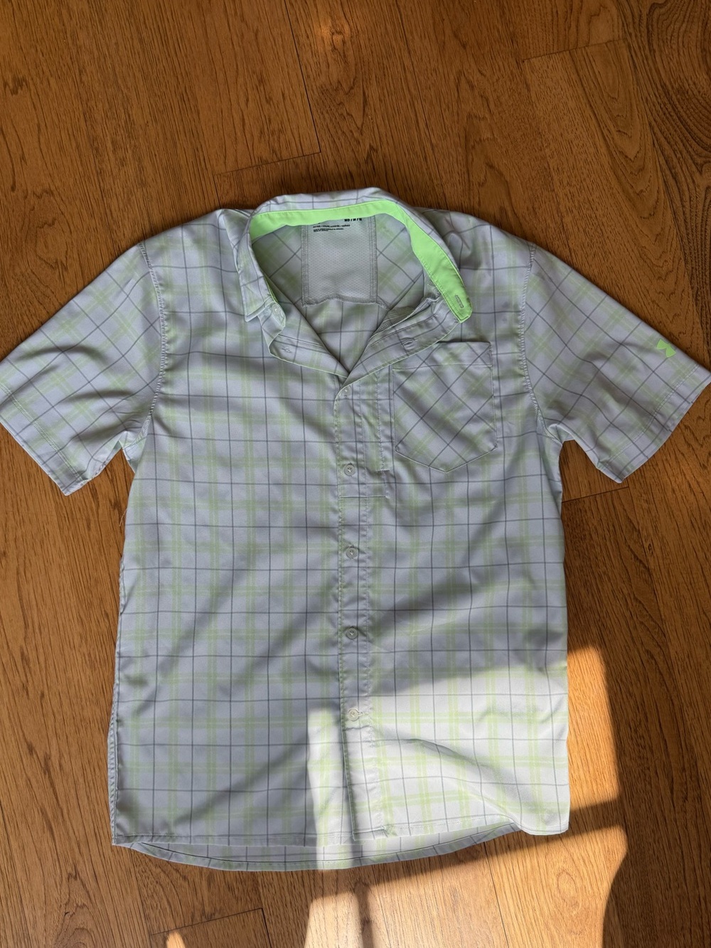 Under Armour Short-Sleeve Plaid Button-Down Shirt - Light Gray & Neon Green